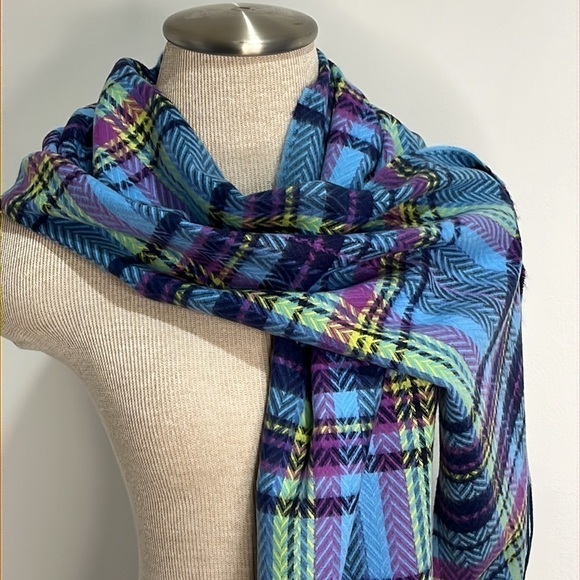 Softer Than Cashmere? D&Y Plaid Scarf Blue Black Pink and Yellow with Tassels - Picture 3 of 7
